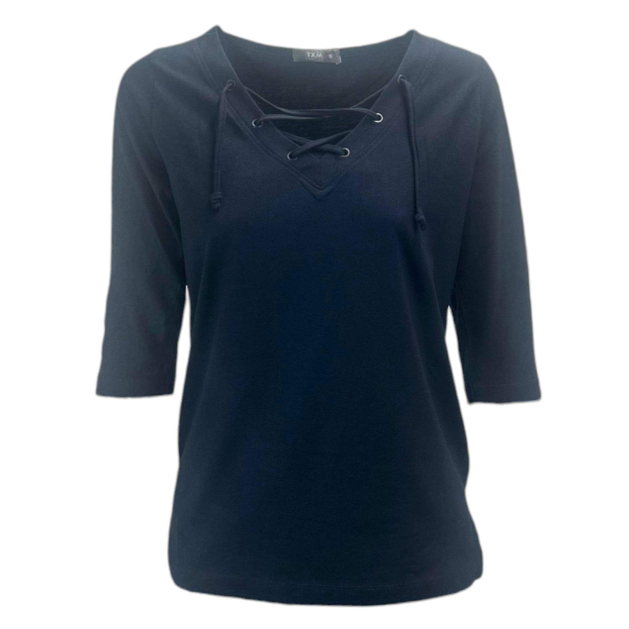 Ladies navy 100% cotton lace-up V-neck top with 3/4 sleeves – breathable casual blouse with eyelet detail